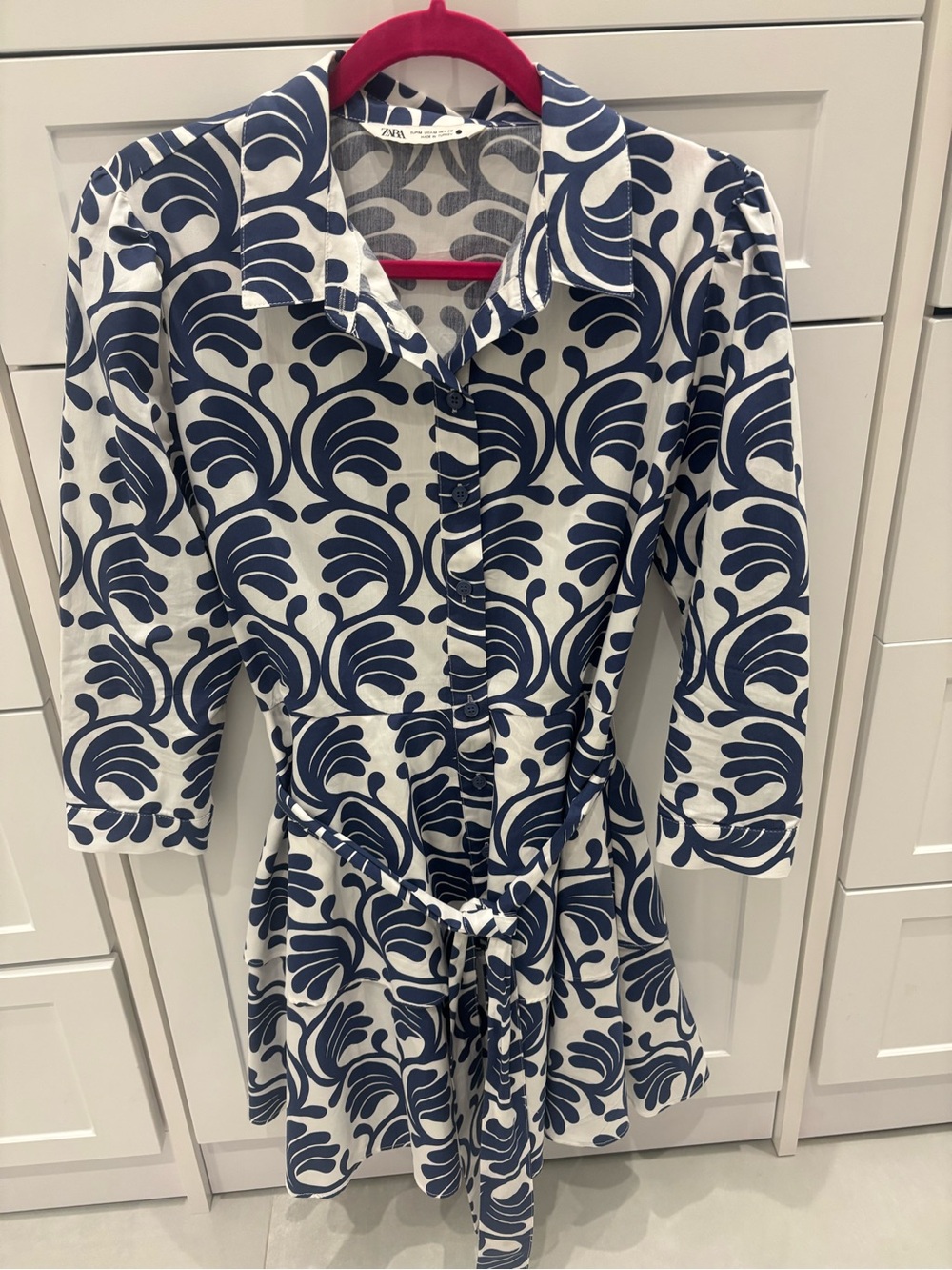Zara White and Navy Printed Tie-Waist Midi Dress